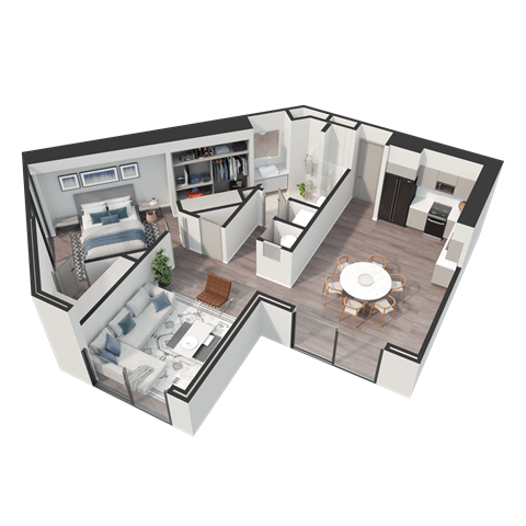 A 3D floor plan of a house with a living room, kitchen, and two bedrooms.